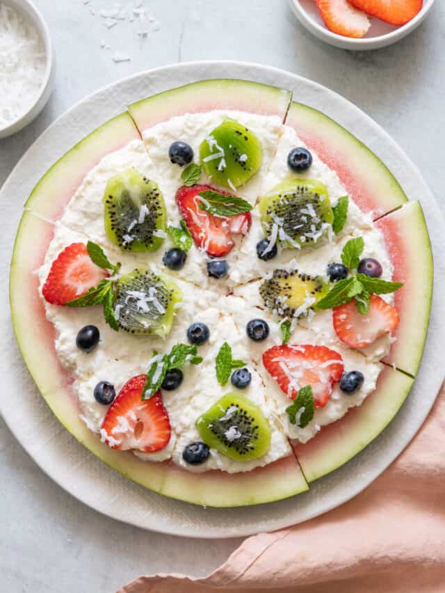 This watermelon pizza is one of my favorite summertime dessert for picnics and barbecues. It's healthy, easy to make and customize, and so fun for a crowd.