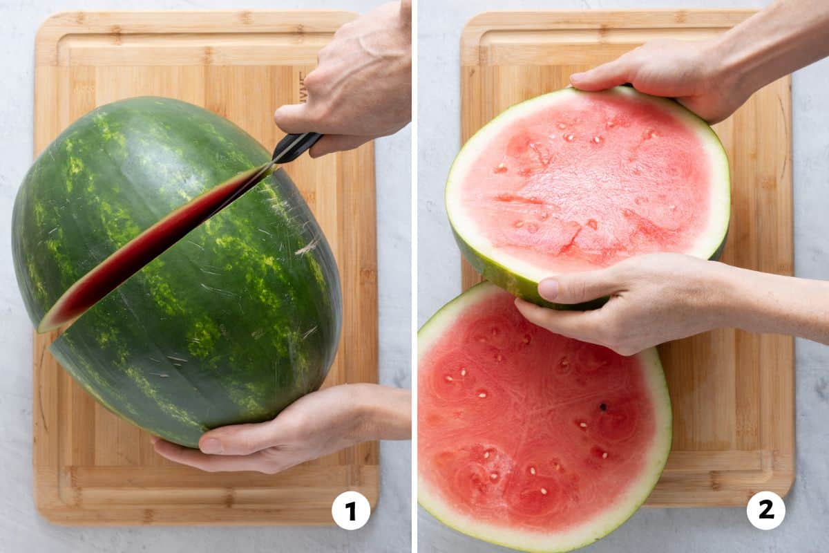2 image collage of cutting a watermelon in half on a cutting board.