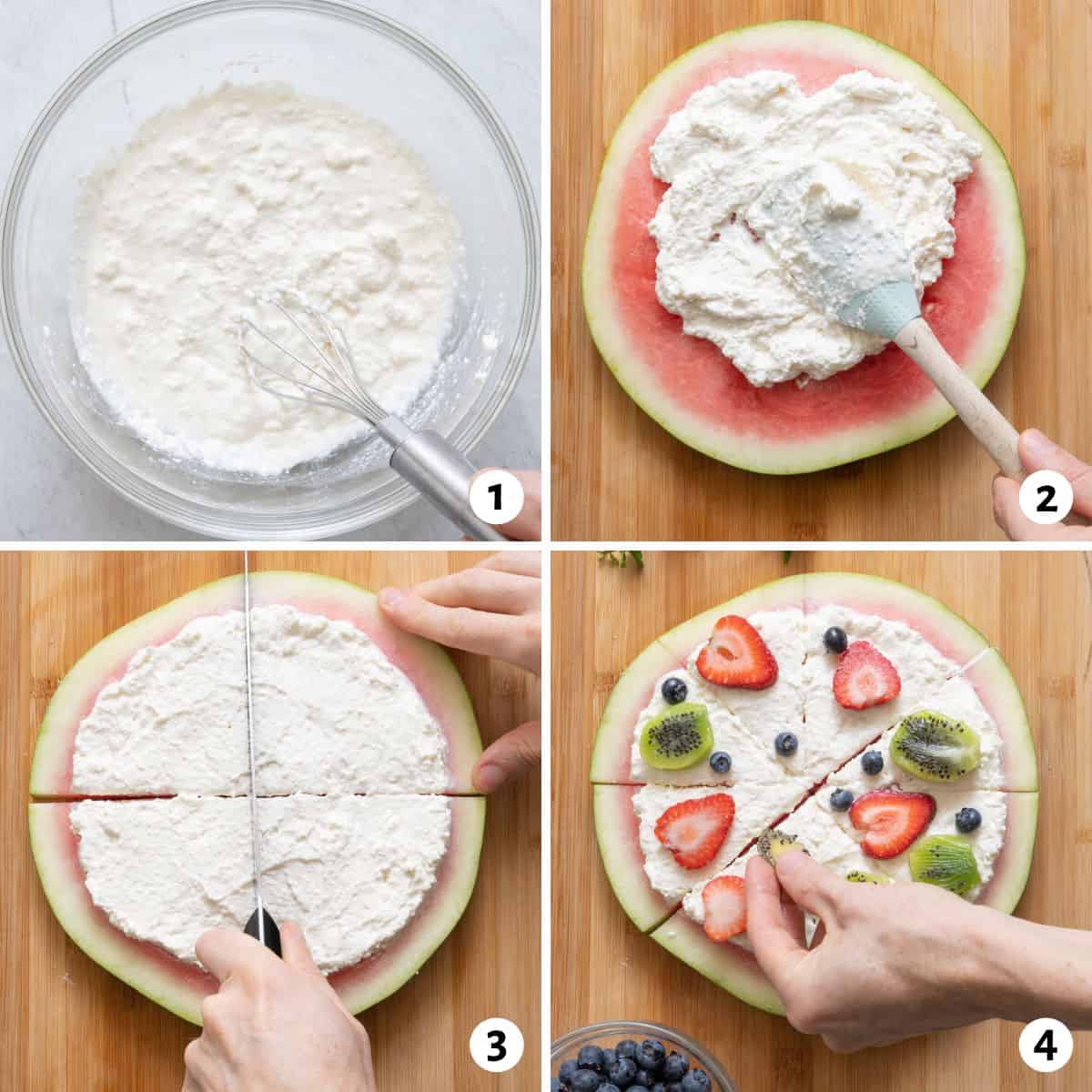 4 image collage making recipe by mixing ricotta mix in a bowl, spreading on a round slice of watermelon, cutting into slices, and then toping with strawberries, blueberries, and kiwi.