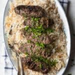 Lebanese style beef kafta served over rice