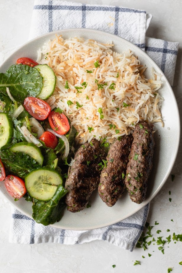 Lebanese style beef kafta served with vermicelli rice and a salad