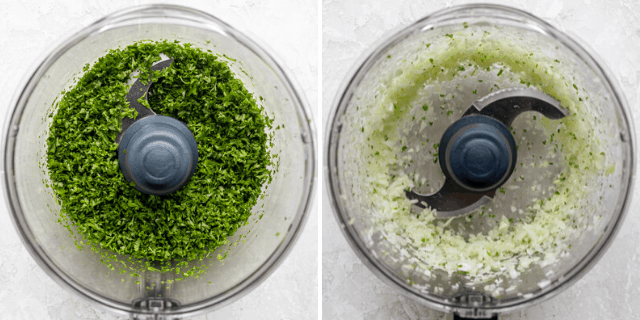 Food processor with the parsley getting chopped, then the onions getting chopped