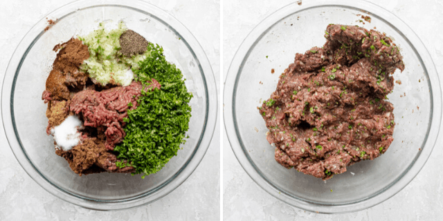 Process shots of the beef, onions, parsley and spices before and after mixing