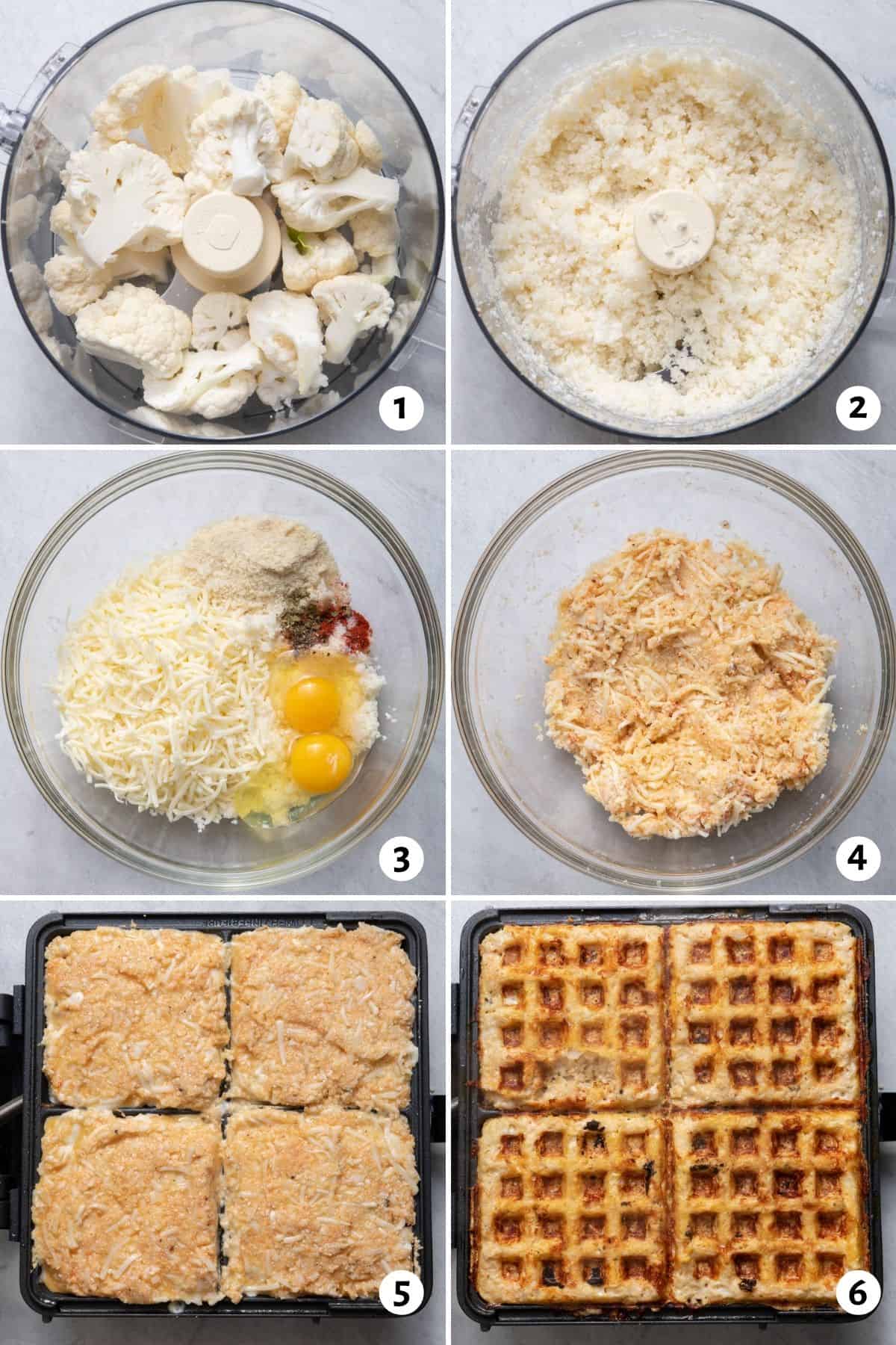6 image collage of the cauliflower in food processor, then mixing in bowl, then in waffle iron
