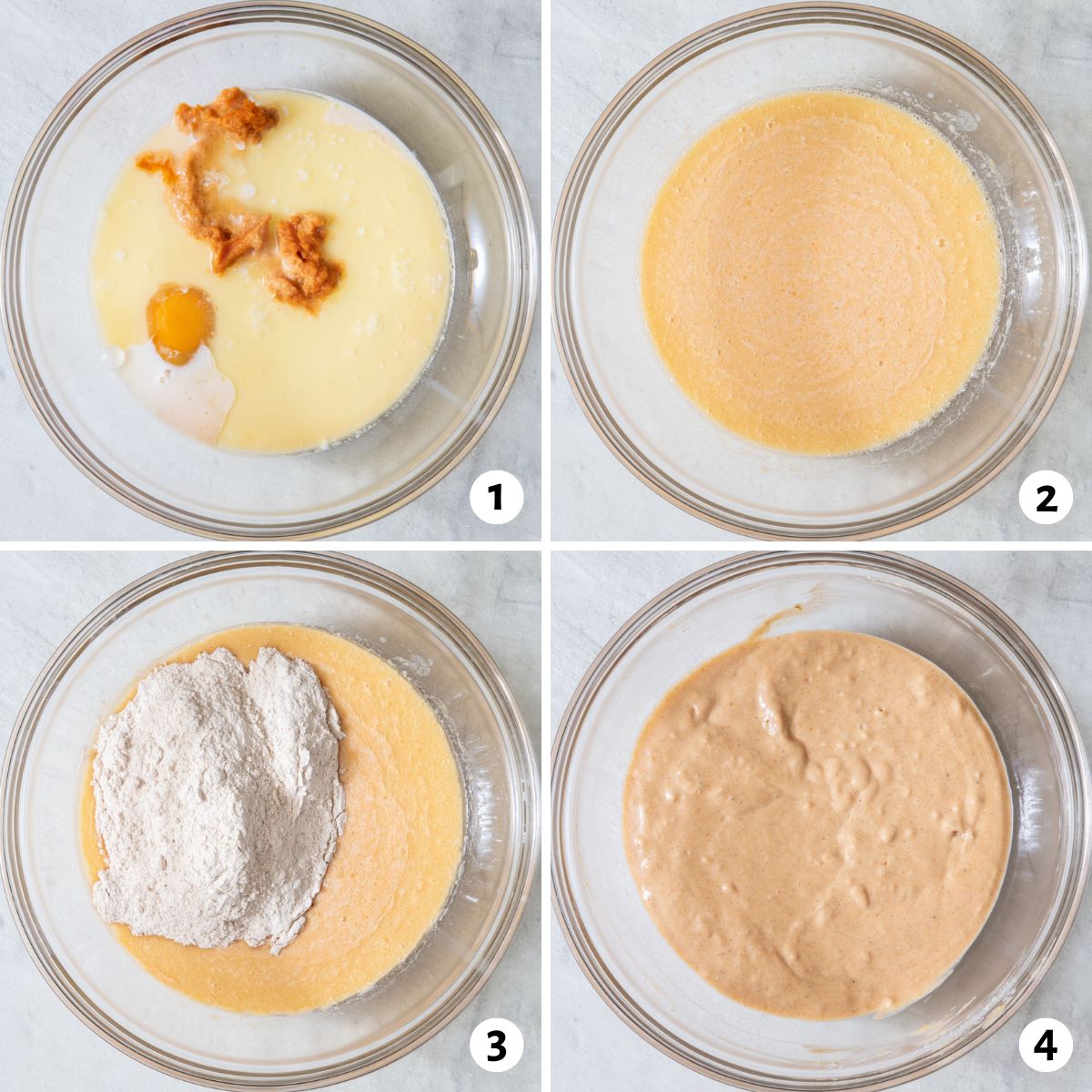 4 image collage of recipe being mixed in one bowl by first combining the wet ingredients, then the dry ingredients, and mixing together.