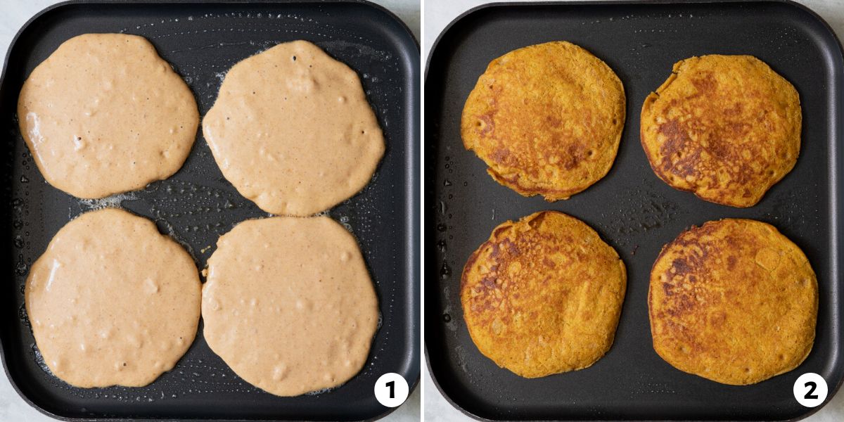 2 image collage of pancake batter poured into 4 cakes on a griddle and then after being flipped.