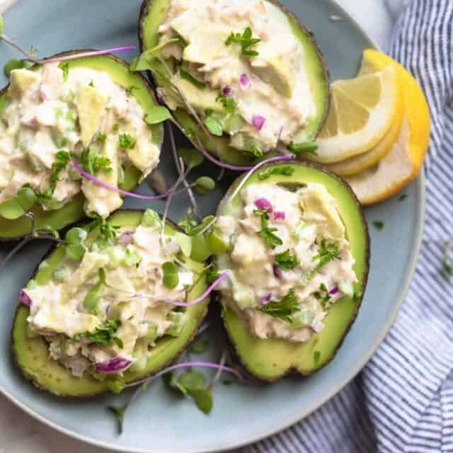 This recipe for Healthy Tuna Salad is a version made with greek yogurt instead of mayonnaise. Stuff it in avocado or slice bread for a quick and easy lunch.