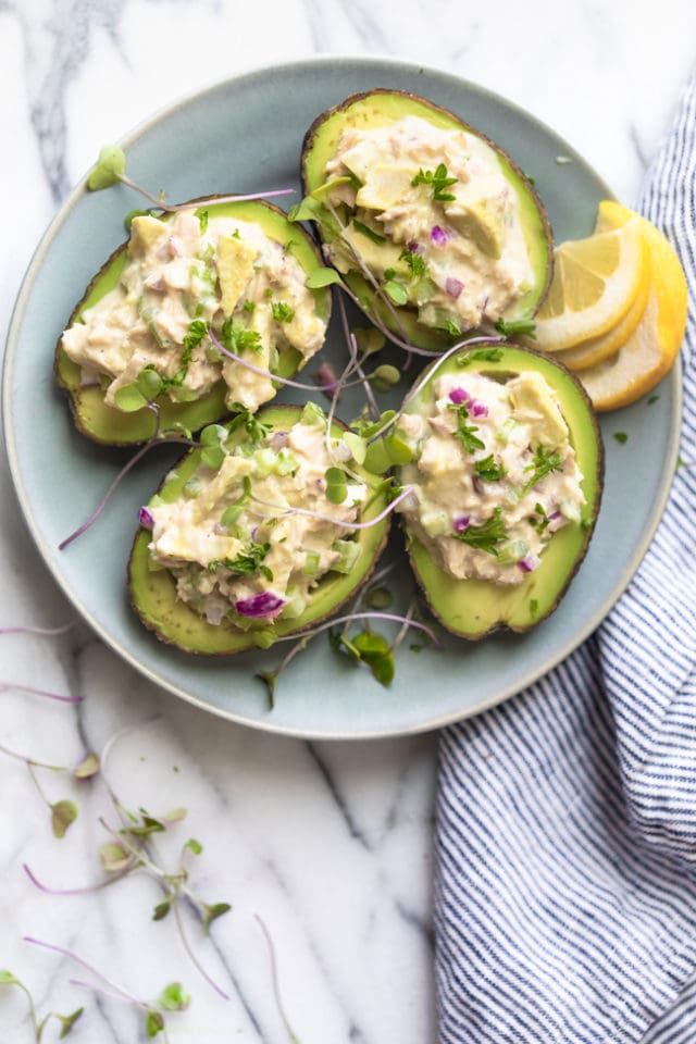 This recipe for Healthy Tuna Salad is a version made with greek yogurt instead of mayonnaise. Stuff it in avocado or slice bread for a quick and easy lunch.