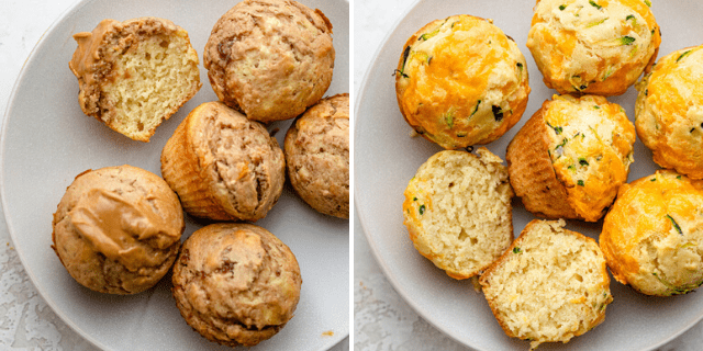 Collage showing the sweet and savory kid friendly muffins