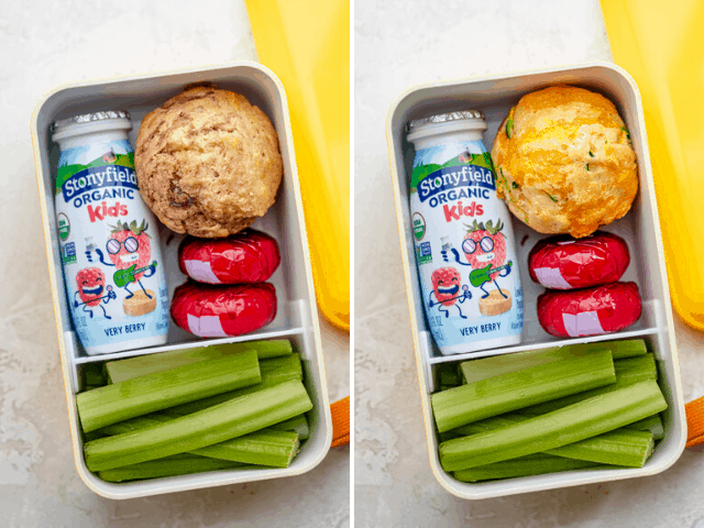 Collage of snackbox with savory and sweet kid friendly muffins