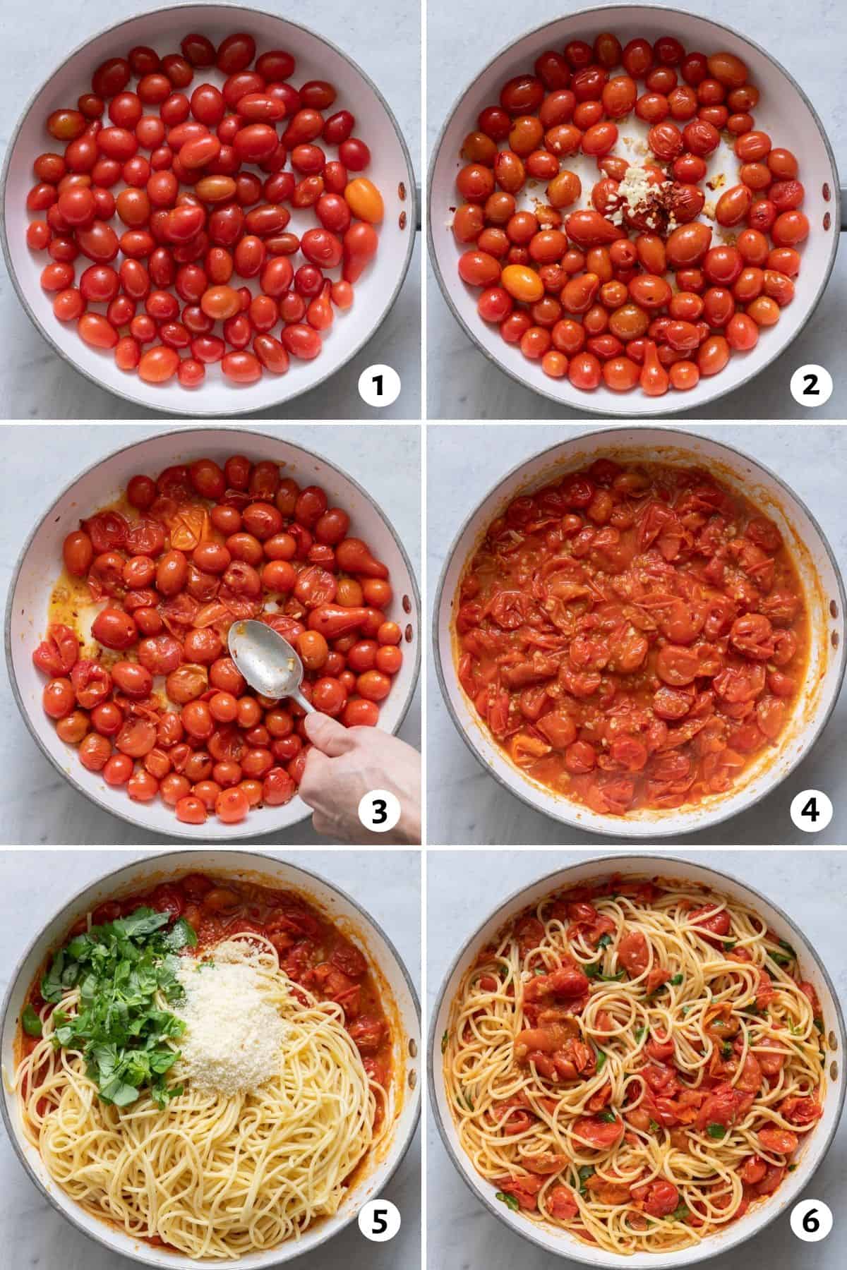 6 images collage cooking tomatoes into sauce and then adding basil, parmesan, and cooked noodles.