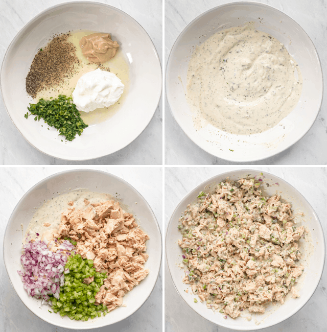 Step by step photos for how to mix the tuna salad