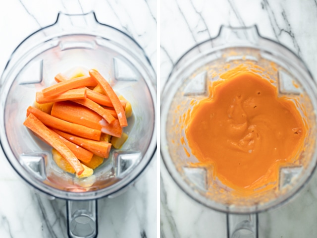 Before and after collage showing frozen mango, carrots and coconut milk in the blender before and after blending.