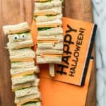 Easy Halloween Snacks #3: Assembled Mummy Kabobs ingredients: bread, cheese, turkey, lettuce, mayonnaise and two sets of candy eyes