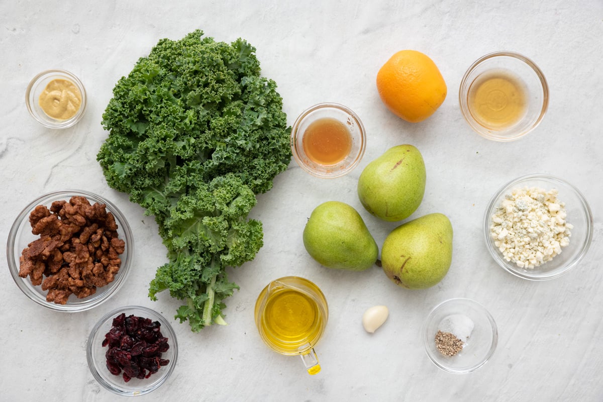 Ingredients for salad: dijon mustard, candied walnuts, dried cranberries, kale, apple cidar vinegar, 3 pears, orange, garlic, seasoning, honey, and bleu cheese crumbles.