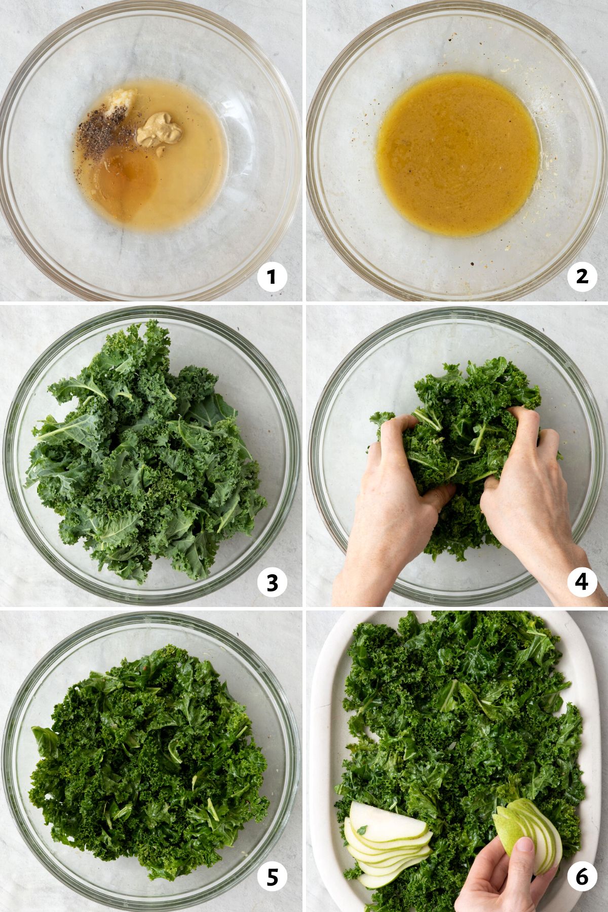 6 image collage preparing salad by mixing dressing ingredients in a bowl, adding fresh kale, massaging the dressing into kale, showing the bright green lettuce, and then topping it with fresh pear slices.
