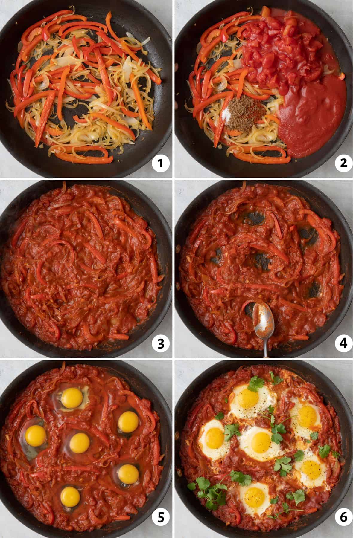 6 image collage making recipe in skillet: 1- onion, peppers, and garlic cooke din skillet, 2- tomatoes and sauce with seasonings added before combined, 3- mixture after cooked and thickened, 4- spoon pressing indentions into stew, 5- eggs cracked into nests before cooked, 6- eggs after cooked in stew garnished with fresh cilantro.