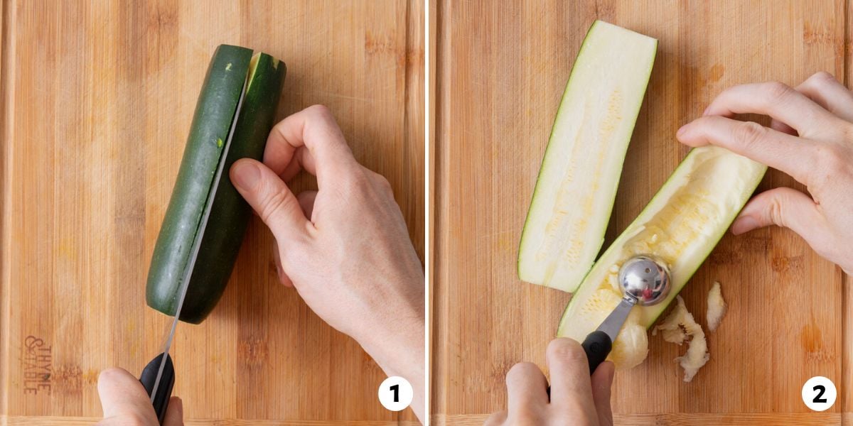 2 image collage cutting a zucchini in half lengthwise and then using a melon baller to scoop out the flesh.