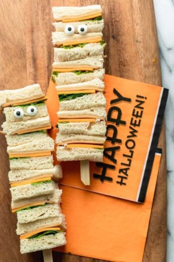 Easy Halloween Snacks #3: Assembled Mummy Kabobs ingredients: bread, cheese, turkey, lettuce, mayonnaise and two sets of candy eyes