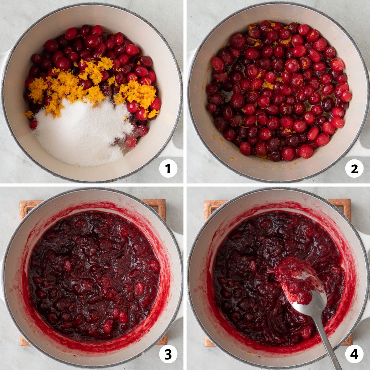 4 image collage showing process shots of sauce: ingredeints in pot before mixed, then after mixed, after simmering, and a spoon showing thckness of sauce.