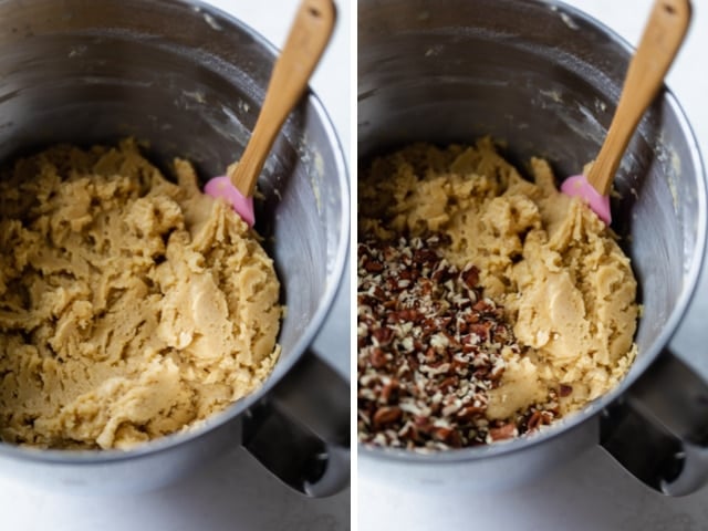 Mixing bowl showing the cookie dough before and after adding chopped pecans