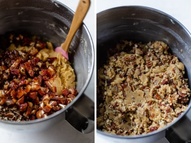 Mixing bowl showing all the ingredients mixed then adding the dates and mixing again