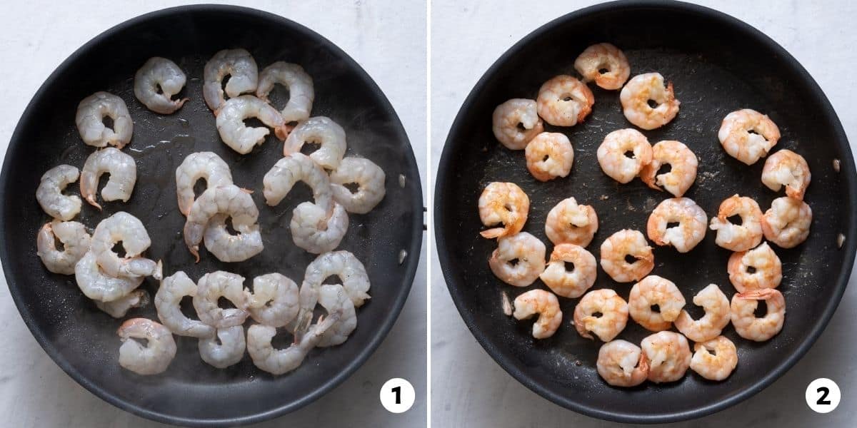 2 image collage showing shrimp before and after cooked in large pan.