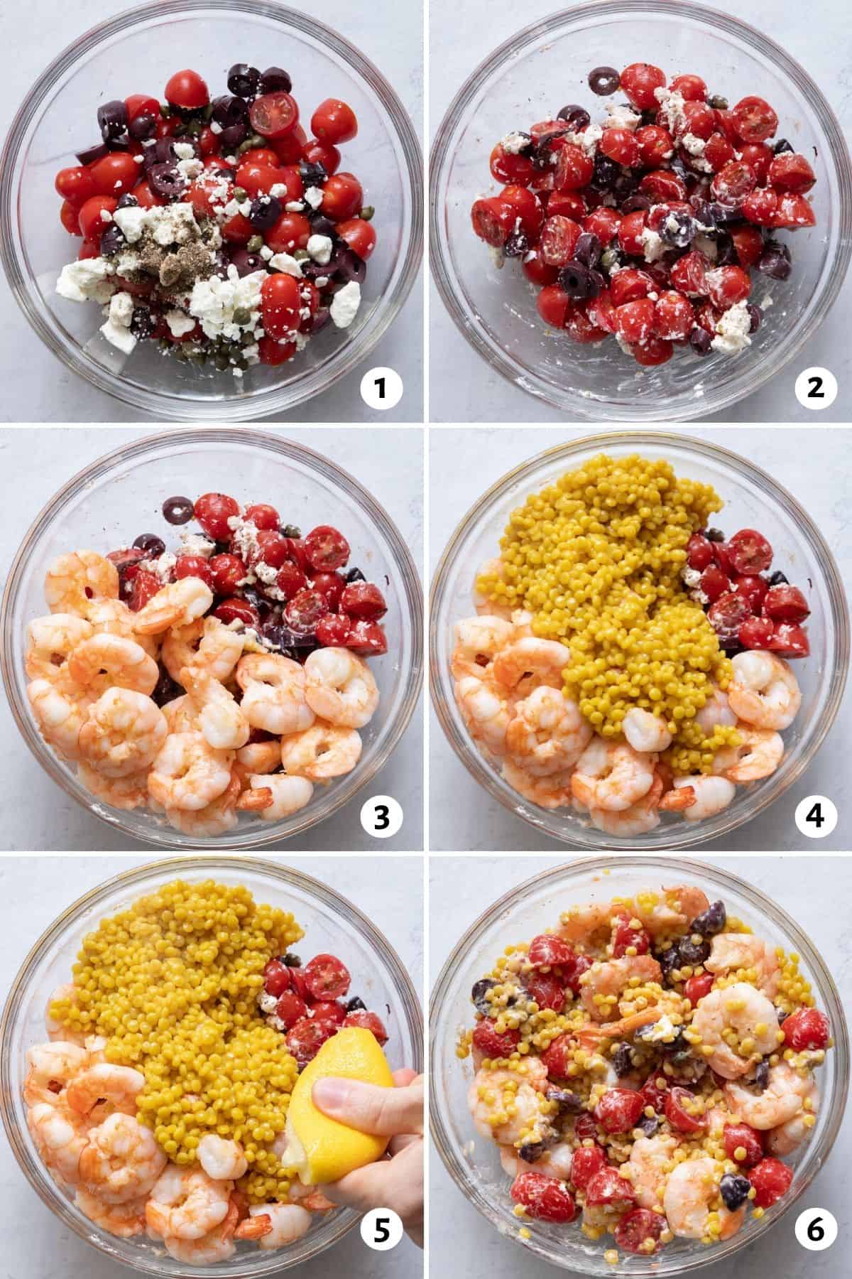 6 image collage of salad being mixed together in one bowl.
