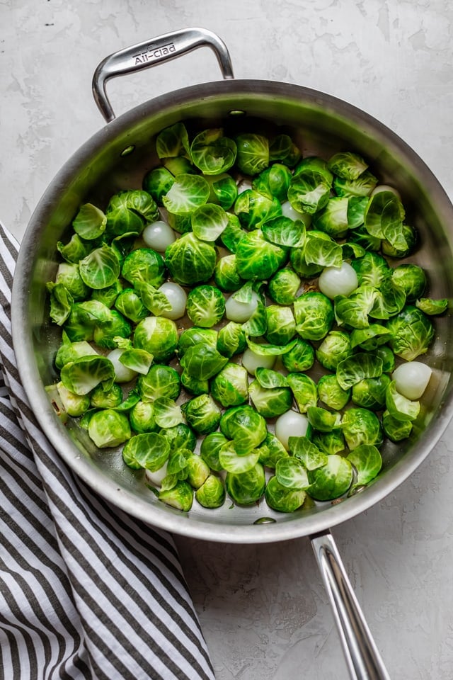 Large pan of sprouts before cooking