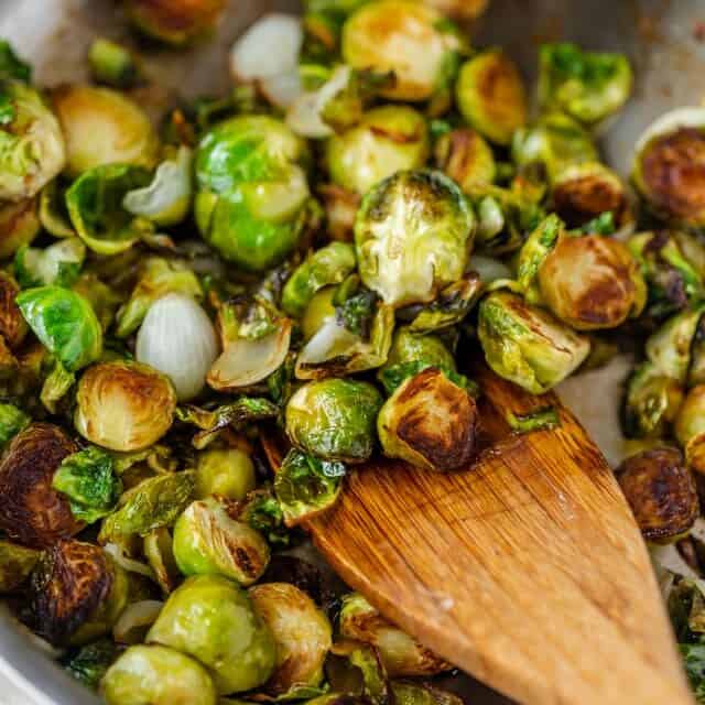 Close up of pan roasted brussel sprouts in skillet