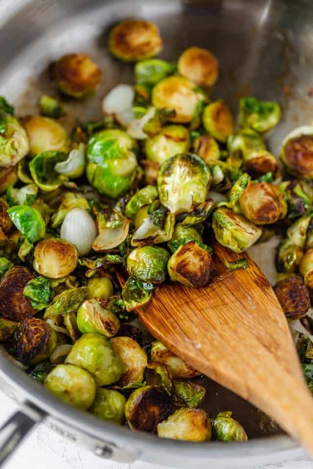 Close up of pan roasted brussel sprouts in skillet