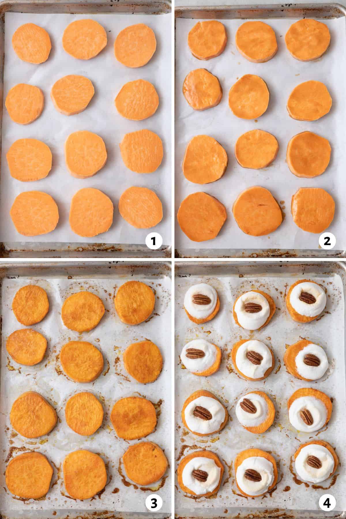 4 image collage of sweet potato rounds on a parchment lined baking sheet after sliced, adding butter, roasting, and then topped with marshmellow and pecan halves.