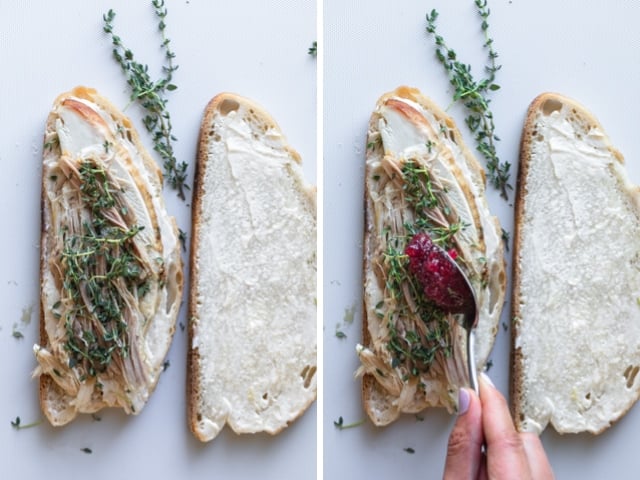 Collage showing how to place the ingredients on the bread