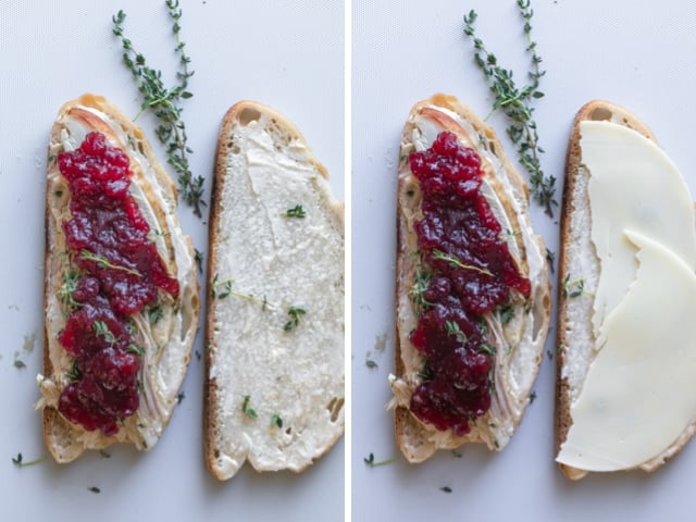 Collage showing how to make a turkey panini using leftovers - ready to be grilled