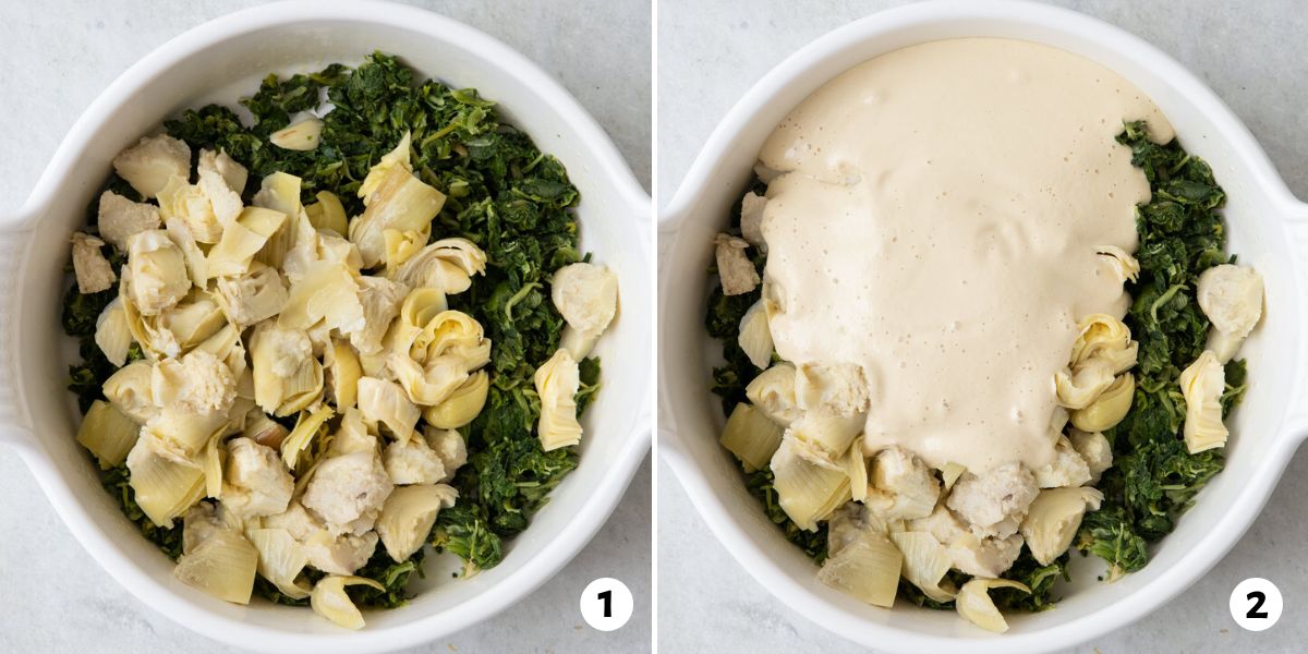 2 image collage of round white baking dish with spinach and artichokes and then the sauce being poured over.