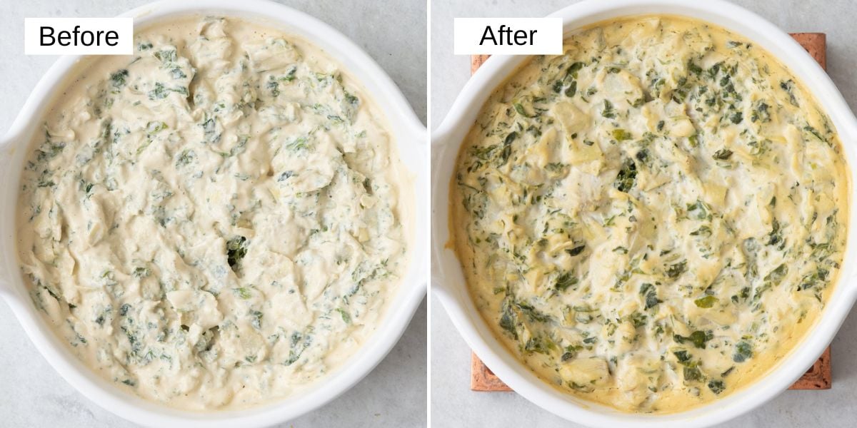 2 image collage of recipe in round baking dish before and after being baked.