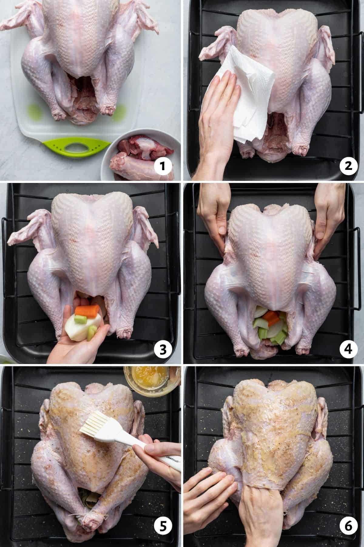 6 image collage to show the easy steps for cooking turkey