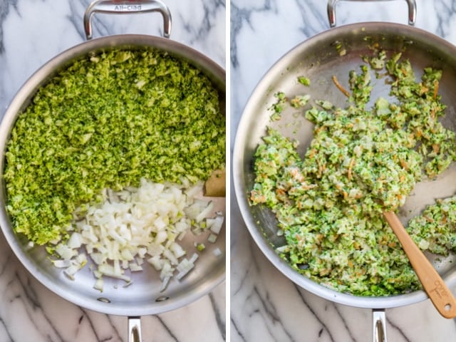 Collage showing the cooking process for the broccoli and cheese filling. On the left is the broccoli, onions and garlic. On the right is the same mixture with sour cream and cheese added