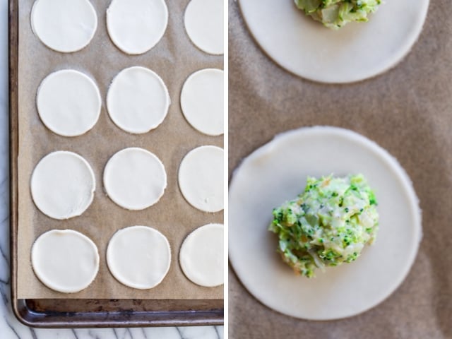 Collage of two images. 1) Small round pie dough for hand pies on a baking sheet with parchment paper, And 2) Close up of one of the hand pies with the broccoli and cheese filling in the middle
