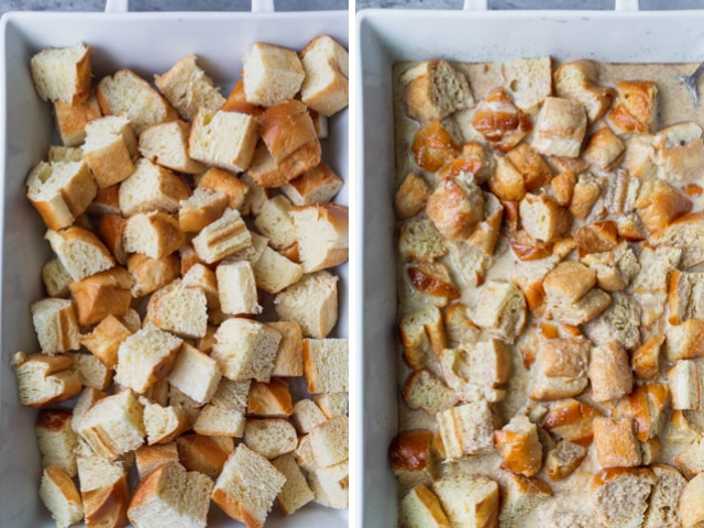 Collage of two images showing the cubed bread before in a casserole dish before and after the batter is poured on top