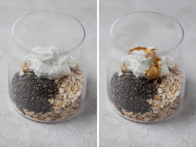 Collage showing step by step making of overnight oats: oats + chia seeds + greek yogurt + vanilla extract