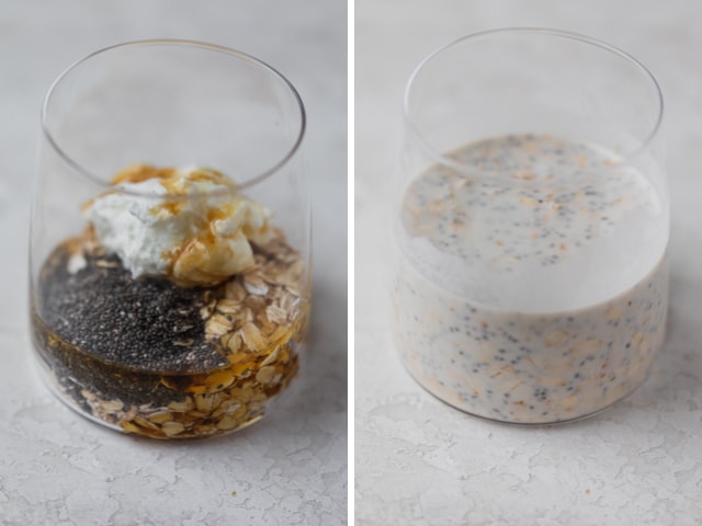 Collage showing step by step making of overnight oats: oats + chia seeds + greek yogurt + vanilla extract + maple syrup + milk