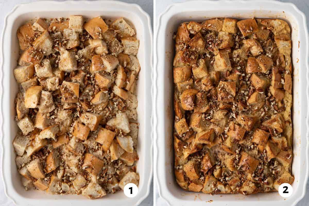 Collage of two images showing the final baked french toast before and after slicing