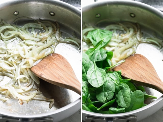 Collage of two images of a skillet with onions and garlic on one side and then spinach added on the next image