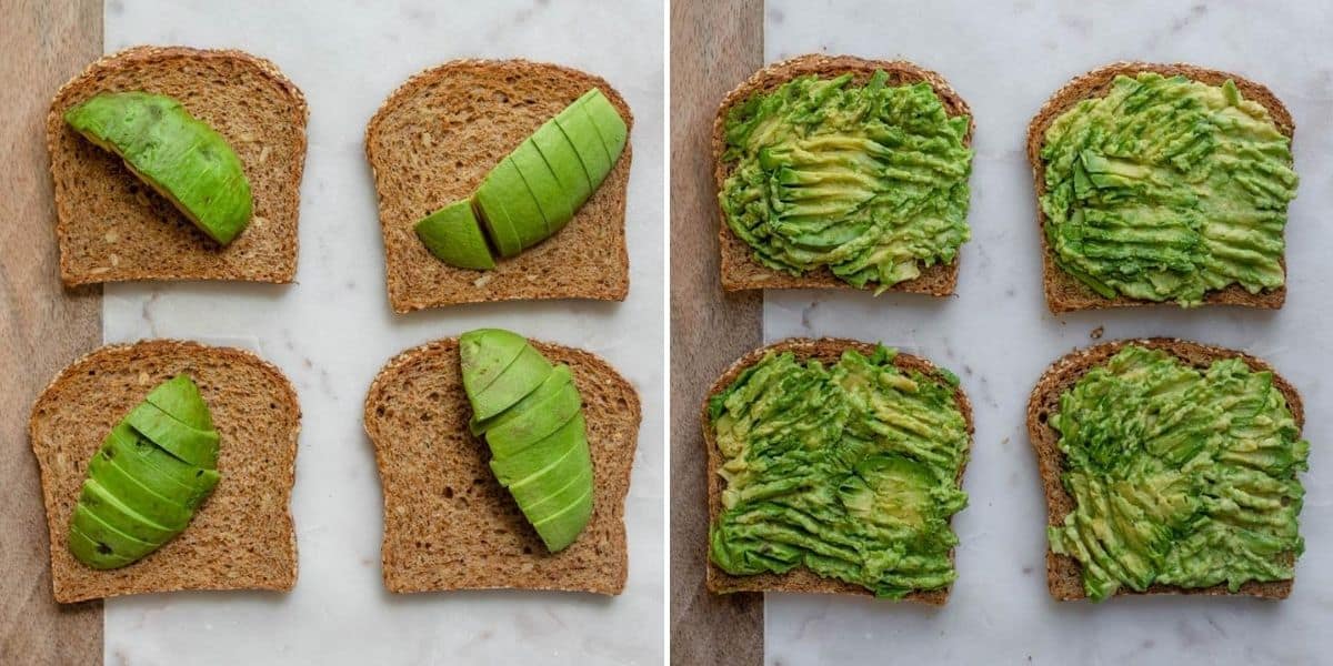 Collage of sliced bread with sliced avocados on top and then the avocados getting mashed