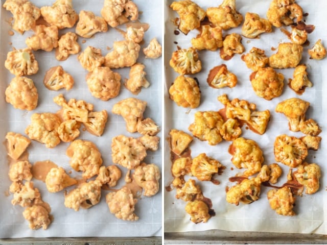 Collage showing cauliflower before and after baking with the batter