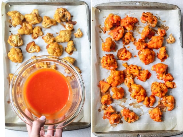 Collage showing Cauliflower Buffalo Bites before and after baking with the buffalo sauce