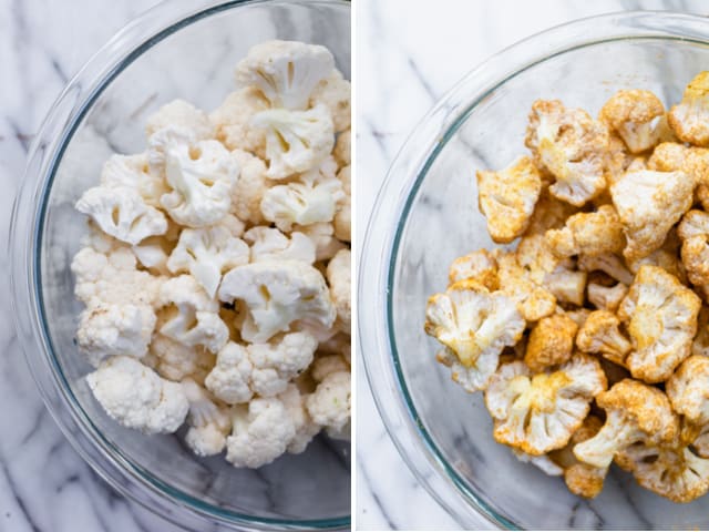 Florets of cauliflower in a glass bowl