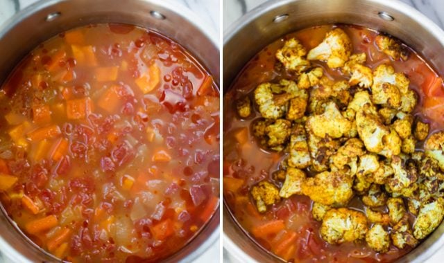 Two photos to show how to make the Sweet potato cauliflower soup in a pot