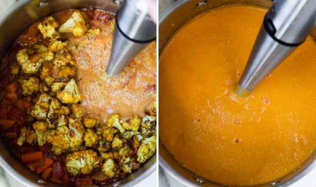 Blending the Sweet potato cauliflower soup with an immersion blender